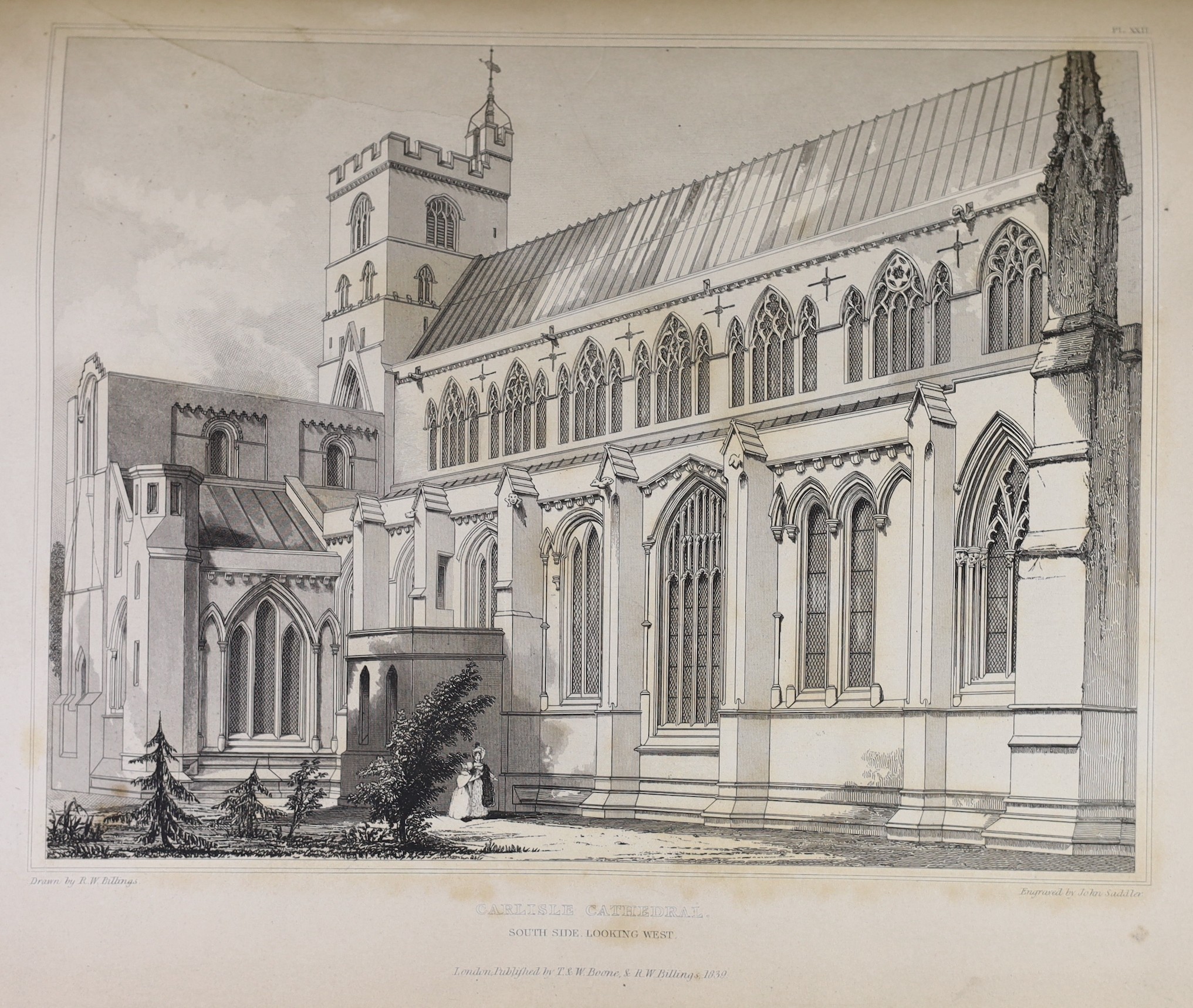 CARLISLE - Billings, Robert William - Architectural Illustrations. History and Description of Carlisle Cathedral, 1st edition, 4to, contemporary half morocco, with engraved frontis, title and 44 plates, Thomas and Willia